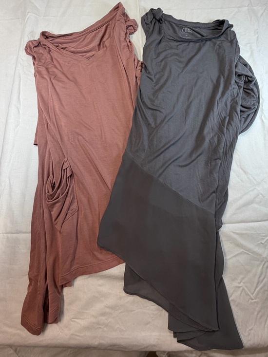 LOGO by Lori Goldstein Tops - LOGO Asymmetric tunic tops. Dusty Rose and Charcoal with Sheer border